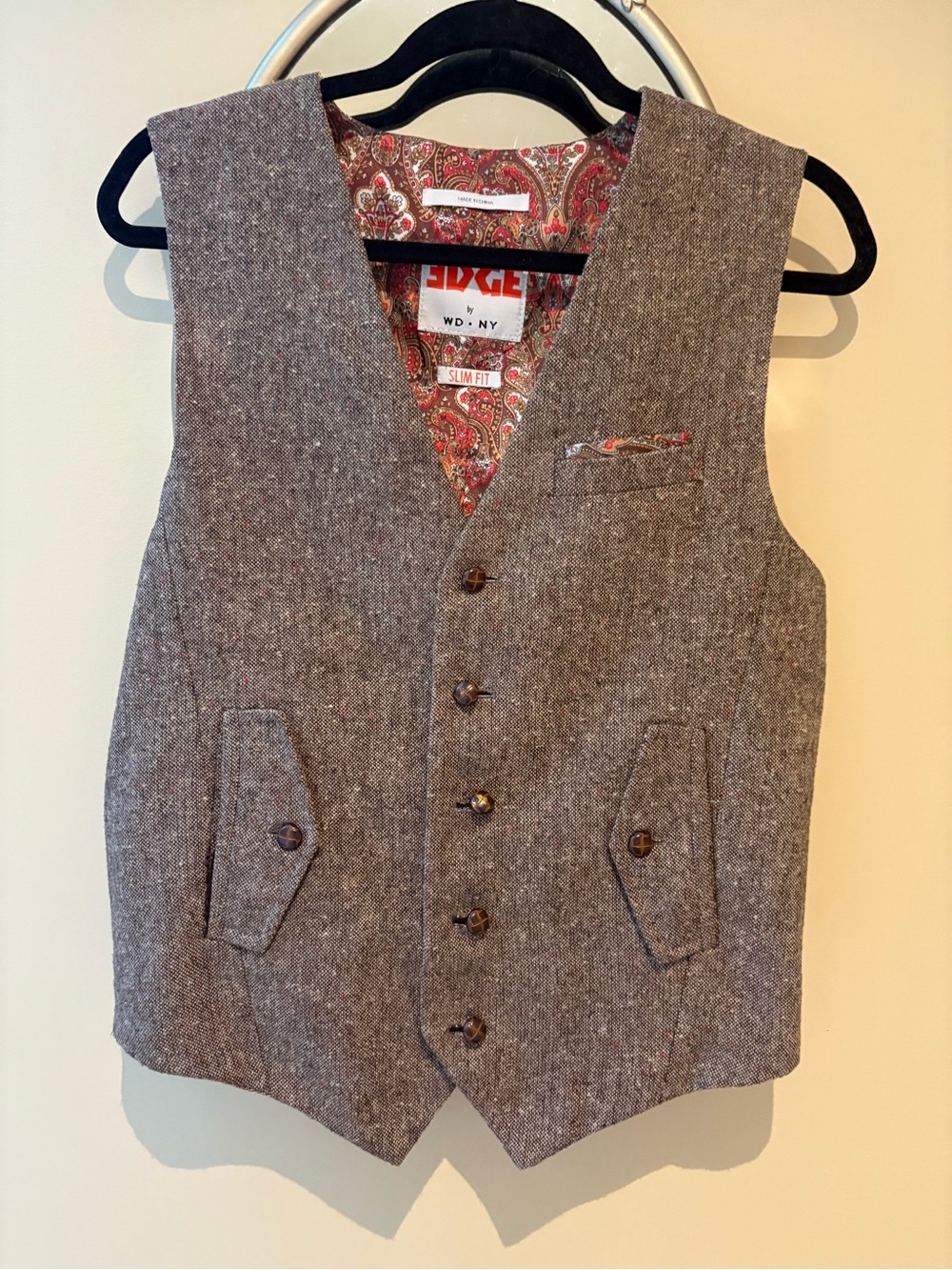 Vintage Edge by WD NY Brown Tweed Vest Leather Button Paisley Lined Slim Fit